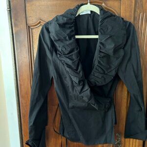vintage Otto Kern black cotton poplin ruffle neck wrap blouse, EU 40